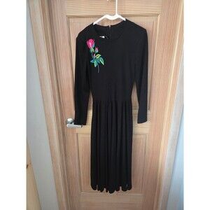 Mr. Mort Vintage 60s Black Long Dress Floral Embroidered Long Sleeve 8